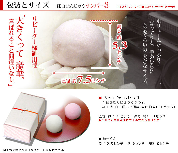 包装とサイズ:紅白まんじゅうナンバー3