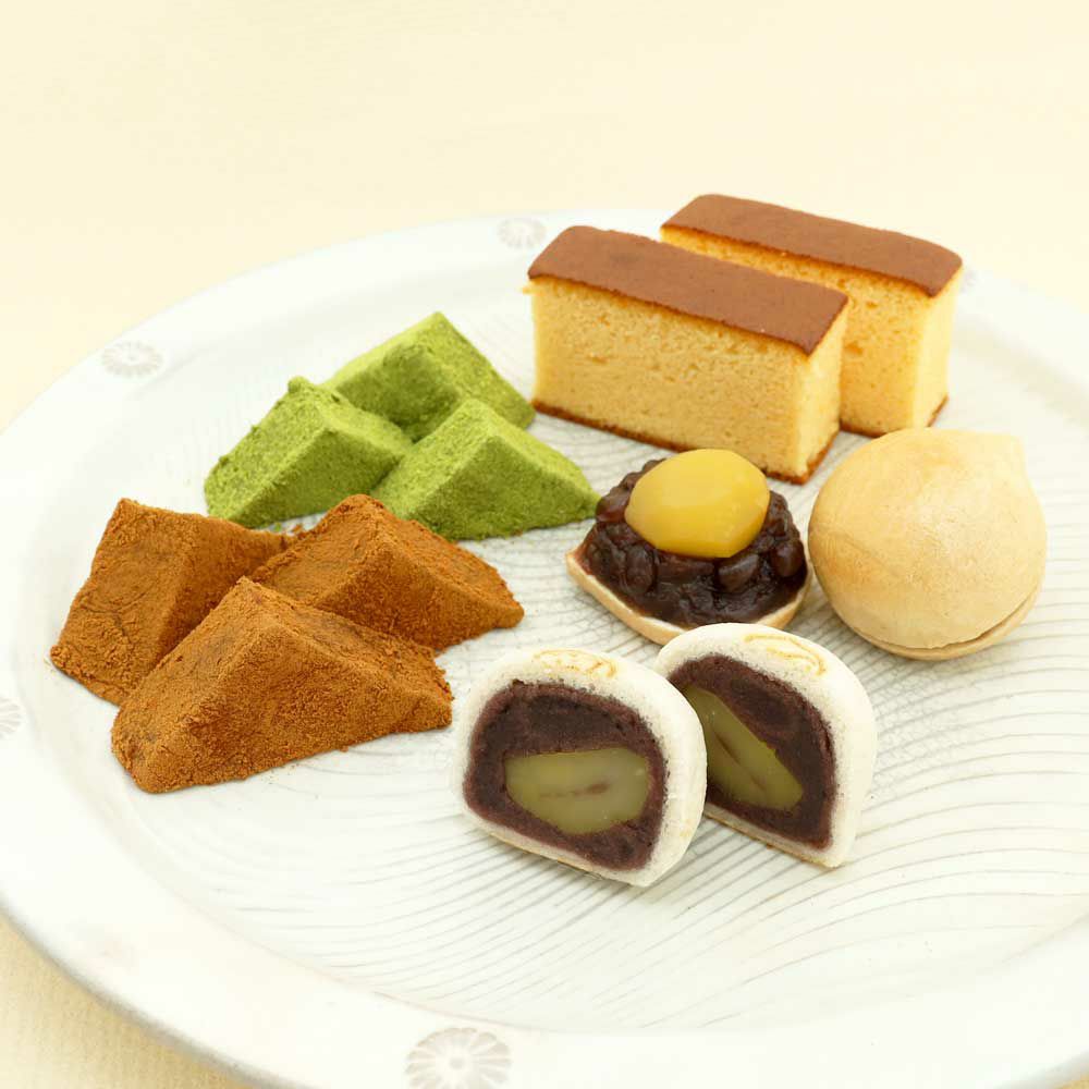 本わらび餅250g・抹茶本わらび餅250g・かすてら・天鼓2個・天楽2個セット